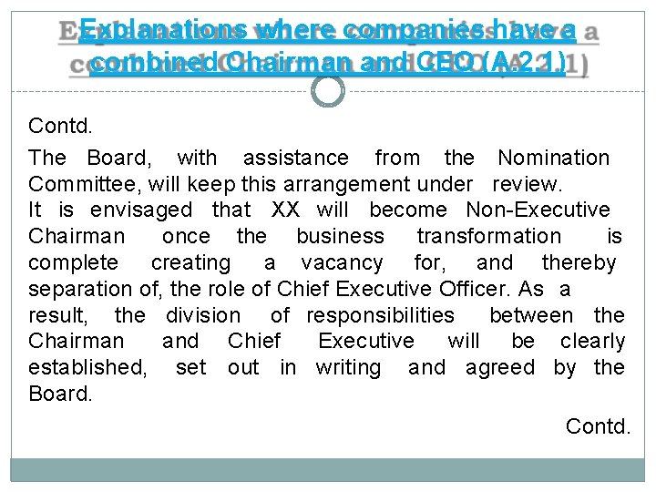 Explanations where companies have a combined Chairman and CEO (A. 2. 1) Contd. The