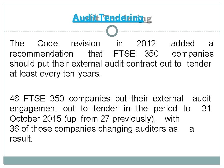 Audit Tendering The Code revision in 2012 added a recommendation that FTSE 350 companies