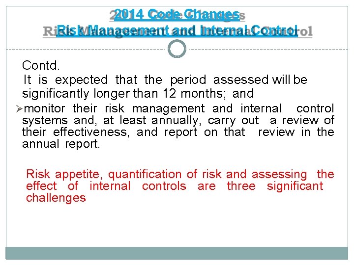 2014 Code Changes Risk Management and Internal Control Contd. It is expected that the