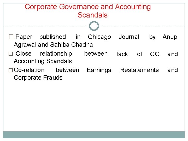 Corporate Governance and Accounting Scandals � Paper published in Chicago Journal by Anup Agrawal