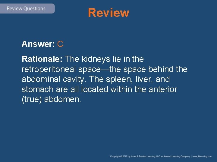 Review Answer: C Rationale: The kidneys lie in the retroperitoneal space—the space behind the