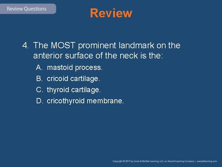 Review 4. The MOST prominent landmark on the anterior surface of the neck is