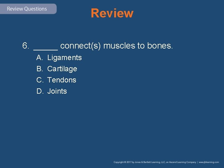 Review 6. _____ connect(s) muscles to bones. A. B. C. D. Ligaments Cartilage Tendons