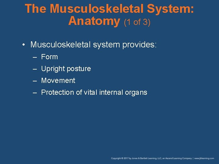 The Musculoskeletal System: Anatomy (1 of 3) • Musculoskeletal system provides: – Form –
