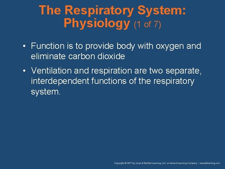 The Respiratory System: Physiology (1 of 7) • Function is to provide body with