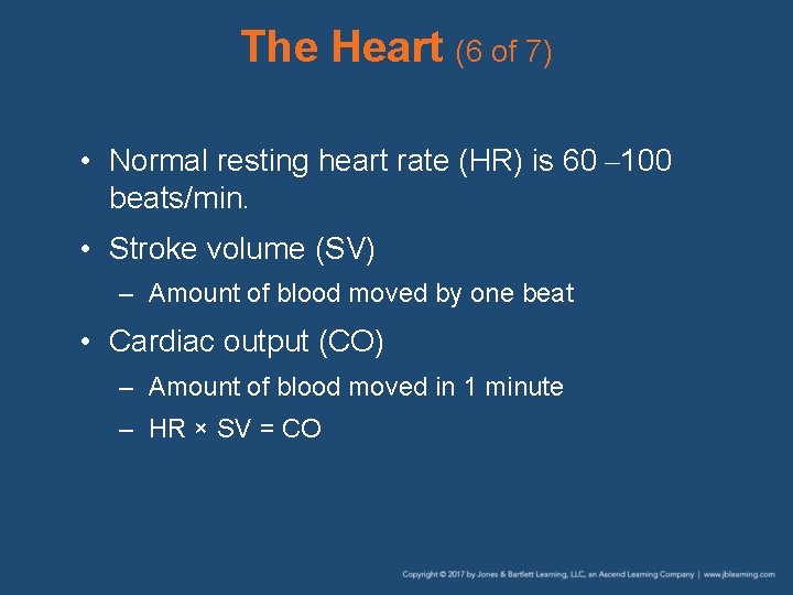 The Heart (6 of 7) • Normal resting heart rate (HR) is 60 –