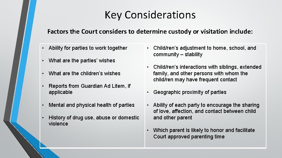 Key Considerations Factors the Court considers to determine custody or visitation include: • Ability