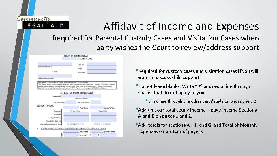 Affidavit of Income and Expenses Required for Parental Custody Cases and Visitation Cases when