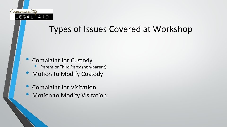 Types of Issues Covered at Workshop • • Complaint for Custody • Parent or