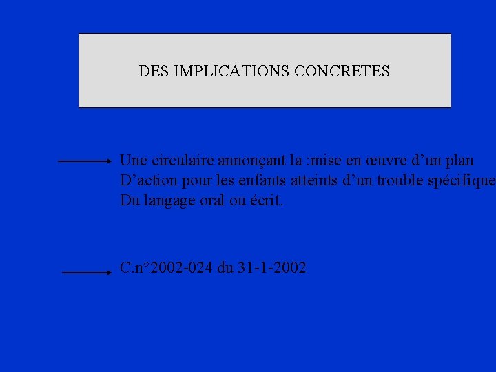 DES IMPLICATIONS CONCRETES Une circulaire annonçant la : mise en œuvre d’un plan D’action
