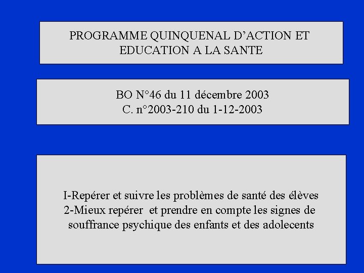 PROGRAMME QUINQUENAL D’ACTION ET EDUCATION A LA SANTE BO N° 46 du 11 décembre