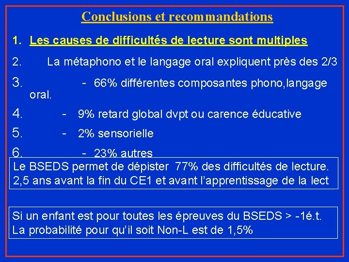 Conclusions et recommandations 1. Les causes de difficultés de lecture sont multiples 2. 3.