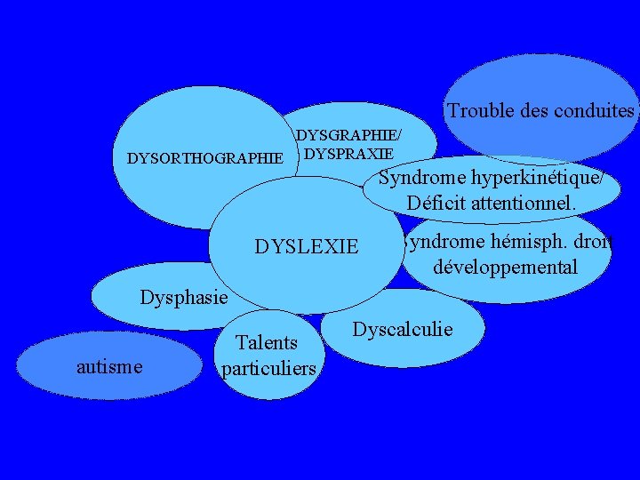 Trouble des conduites DYSGRAPHIE/ DYSORTHOGRAPHIE DYSPRAXIE Syndrome hyperkinétique/ Déficit attentionnel. DYSLEXIE Syndrome hémisph. droit