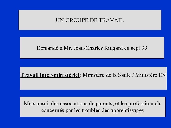 UN GROUPE DE TRAVAIL Demandé à Mr. Jean-Charles Ringard en sept 99 Travail inter-ministériel: