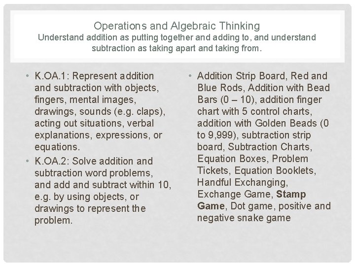 Operations and Algebraic Thinking Understand addition as putting together and adding to, and understand