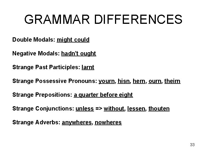 GRAMMAR DIFFERENCES Double Modals: might could Negative Modals: hadn’t ought Strange Past Participles: larnt