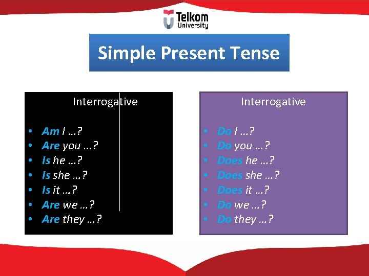 Simple Present Tense Interrogative • • Am I …? Are you …? Is he