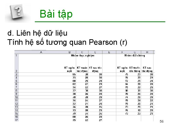 Bài tập d. Liên hệ dữ liệu Tính hệ số tương quan Pearson (r)