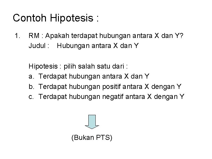 Contoh Hipotesis : 1. RM : Apakah terdapat hubungan antara X dan Y? Judul