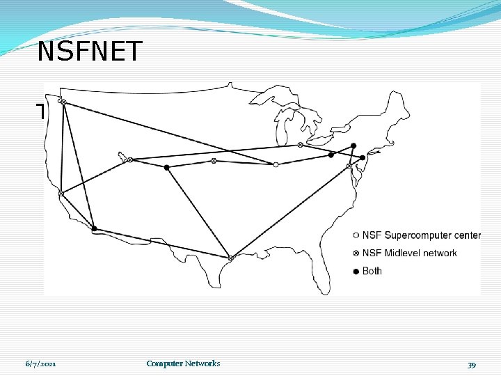 NSFNET The NSFNET backbone in 1988. 6/7/2021 Computer Networks 39 NSFNET The NSFNET backbone in 1988. 6/7/2021 Computer Networks 39