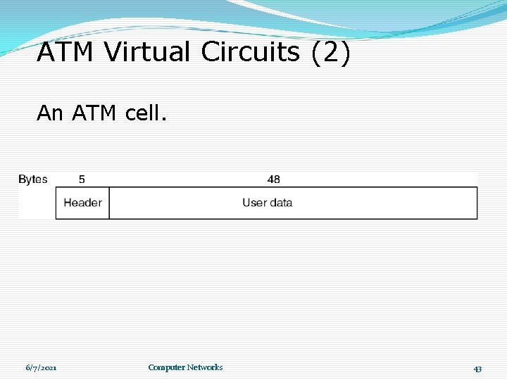 ATM Virtual Circuits (2) An ATM cell. 6/7/2021 Computer Networks 43 ATM Virtual Circuits (2) An ATM cell. 6/7/2021 Computer Networks 43
