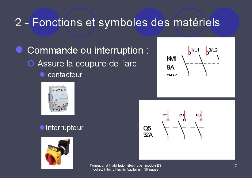 2 - Fonctions et symboles des matériels l Commande ou interruption : ¡ Assure