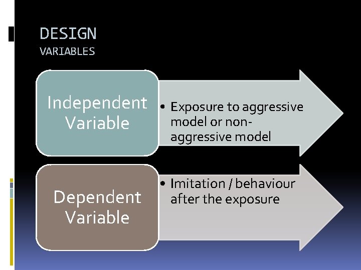 DESIGN VARIABLES Independent Variable Dependent Variable • Exposure to aggressive model or nonaggressive model