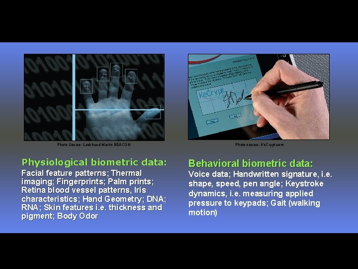 Photo Source: Lockheed Martin BEACON Physiological biometric data: Facial feature patterns; Thermal imaging; Fingerprints;