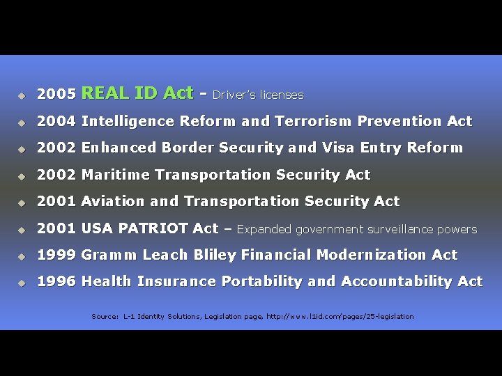 REAL ID Act - Driver’s licenses u 2005 u 2004 Intelligence Reform and Terrorism