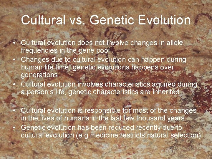 Cultural vs. Genetic Evolution • Cultural evolution does not involve changes in allele frequencies