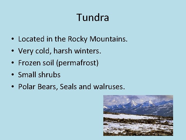 Tundra • • • Located in the Rocky Mountains. Very cold, harsh winters. Frozen