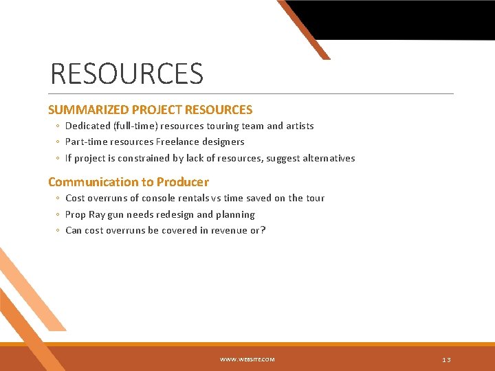 RESOURCES SUMMARIZED PROJECT RESOURCES ◦ Dedicated (full-time) resources touring team and artists ◦ Part-time