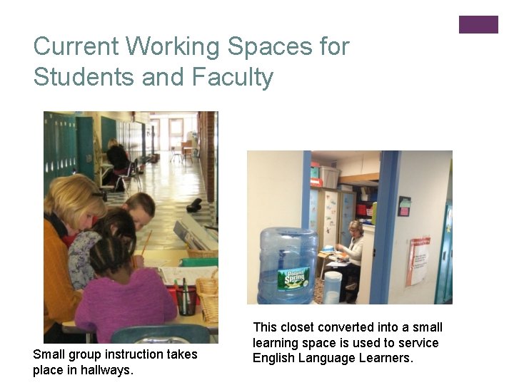 Current Working Spaces for Students and Faculty Small group instruction takes place in hallways.