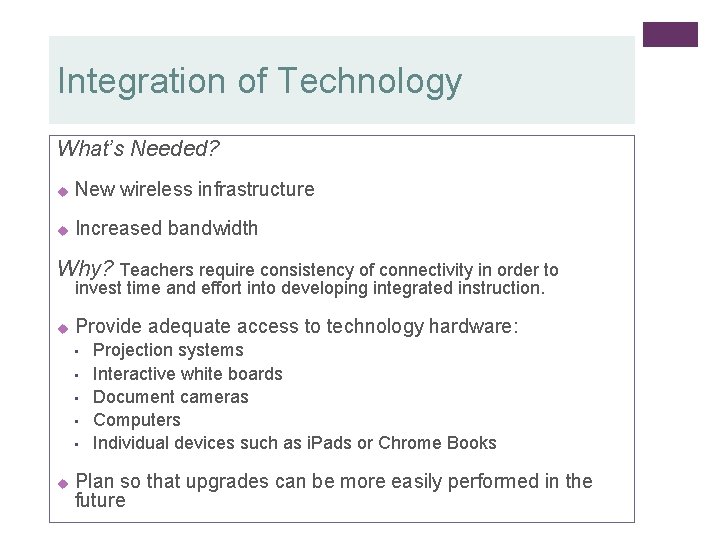 Integration of Technology What’s Needed? u New wireless infrastructure u Increased bandwidth Why? Teachers