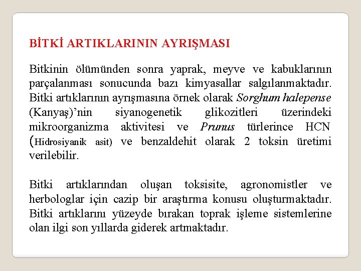 BİTKİ ARTIKLARININ AYRIŞMASI Bitkinin ölümünden sonra yaprak, meyve ve kabuklarının parçalanması sonucunda bazı kimyasallar