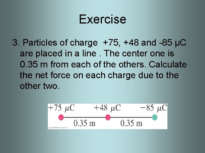 Exercise 3. Particles of charge +75, +48 and -85 µC are placed in a