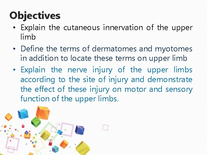 Objectives • Explain the cutaneous innervation of the upper limb • Define the terms