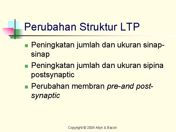 Perubahan Struktur LTP n n n Peningkatan jumlah dan ukuran sinap Peningkatan jumlah dan
