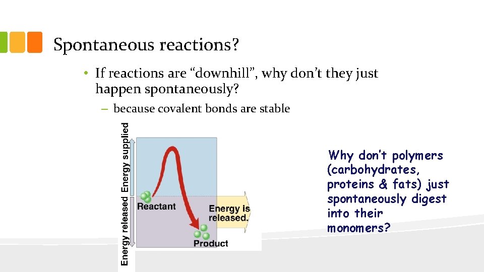 Spontaneous reactions? • If reactions are “downhill”, why don’t they just happen spontaneously? –