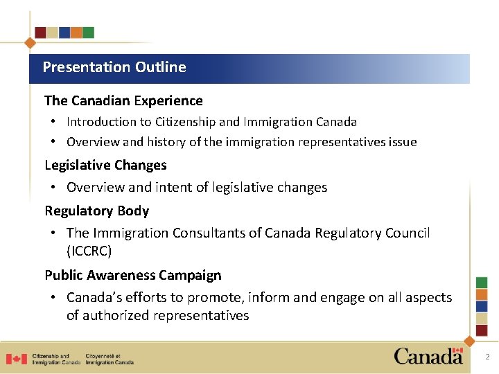 Presentation Outline The Canadian Experience • Introduction to Citizenship and Immigration Canada • Overview