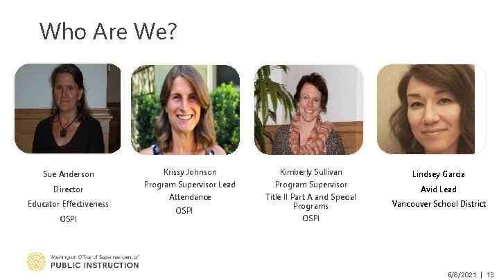 Who Are We? Sue Anderson Director Educator Effectiveness OSPI Krissy Johnson Kimberly Sullivan Program