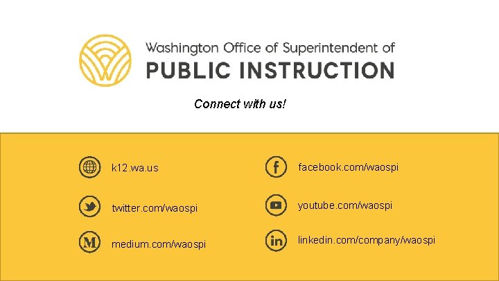 Connect with us! k 12. wa. us facebook. com/waospi twitter. com/waospi youtube. com/waospi medium.