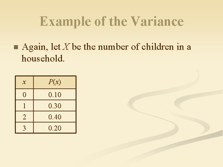 Example of the Variance n Again, let X be the number of children in