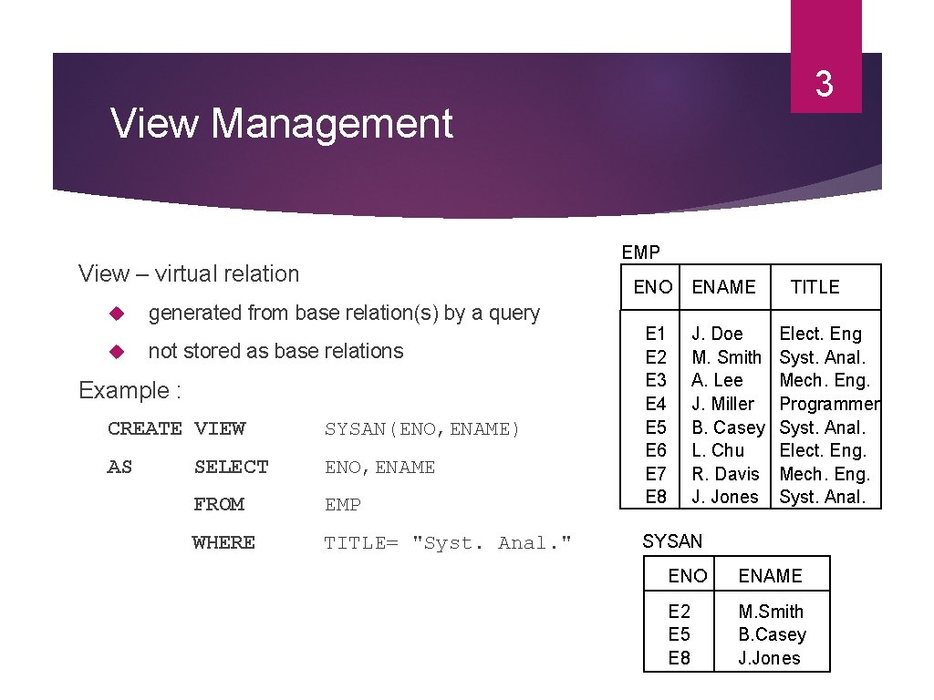 3 View Management EMP View – virtual relation generated from base relation(s) by a