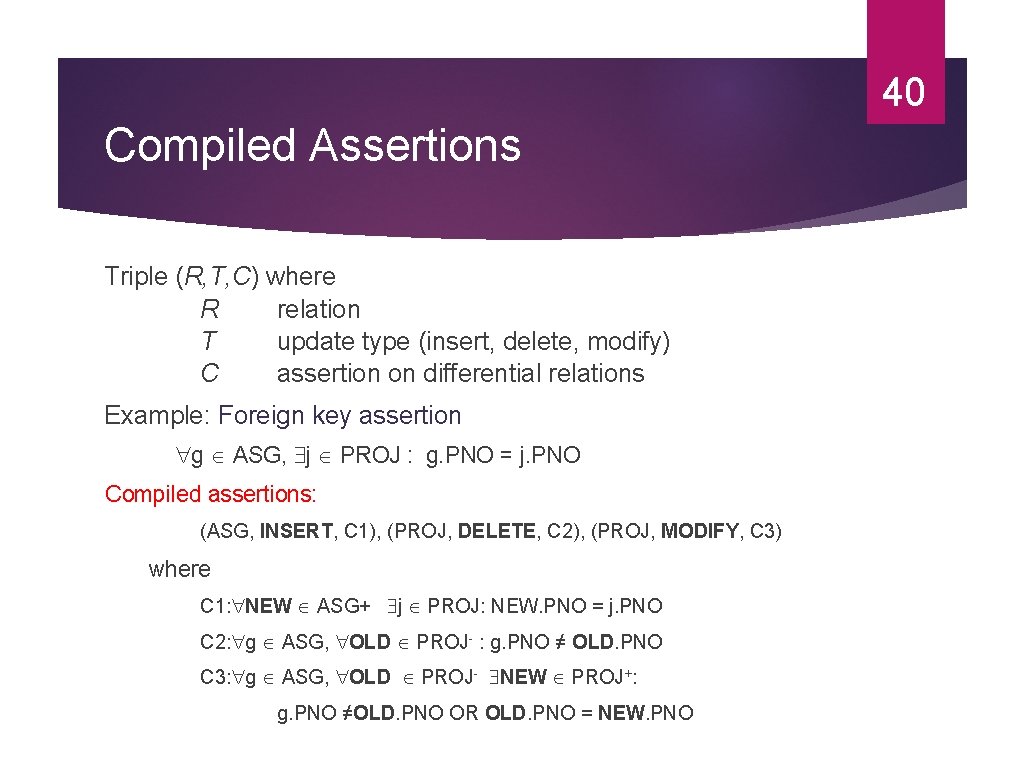 40 Compiled Assertions Triple (R, T, C) where R relation T update type (insert,