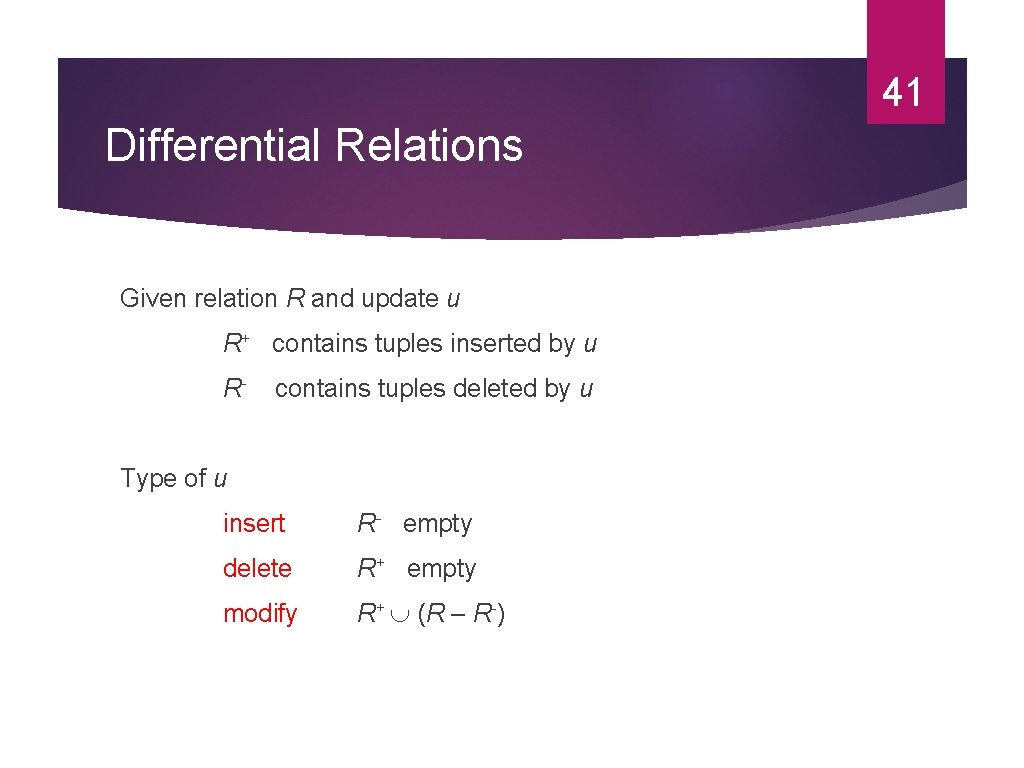41 Differential Relations Given relation R and update u R+ contains tuples inserted by