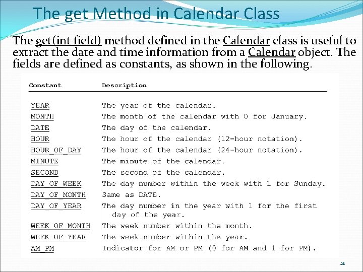 The get Method in Calendar Class The get(int field) method defined in the Calendar