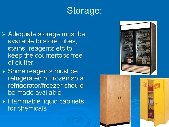 Storage: Adequate storage must be available to store tubes, stains, reagents etc to keep