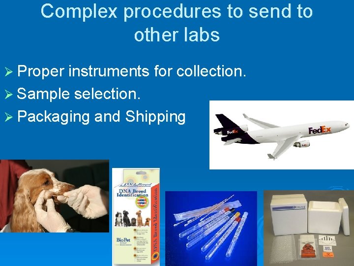 Complex procedures to send to other labs Ø Proper instruments for collection. Ø Sample