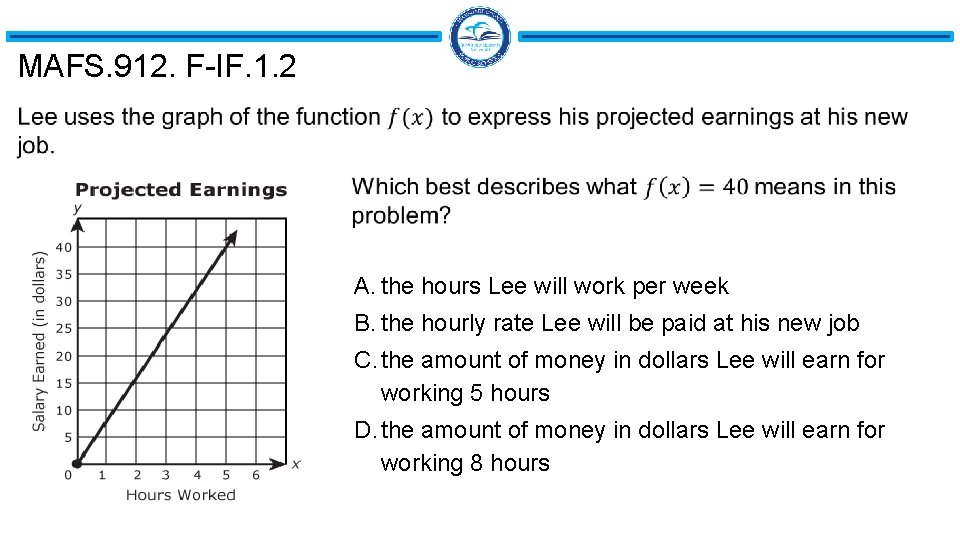 MAFS. 912. F-IF. 1. 2 A. the hours Lee will work per week B.